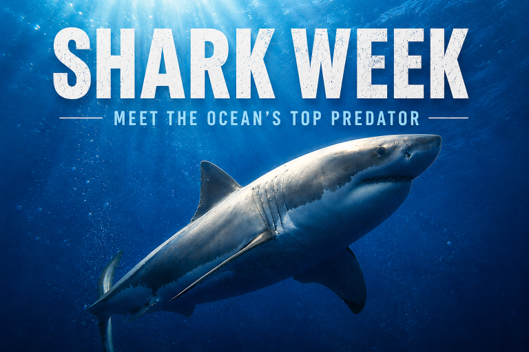 Shark Week promo with a great white shark photo